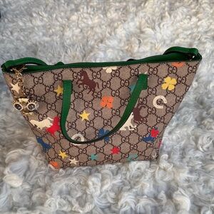 Gucci Brown and Green Tote with Multicolor Accents